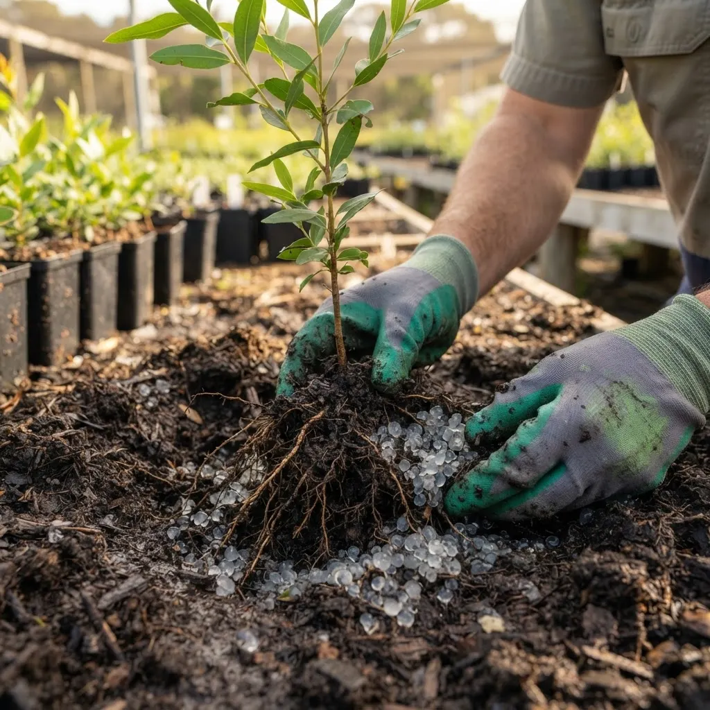 Water-retention polymer being incorporated into a horticultural root zone